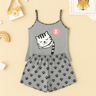 Baby Doll Gatinho Cinza Malha Premium Pijama Feminino Adulto Short e Alça Fina Verao Confortavel