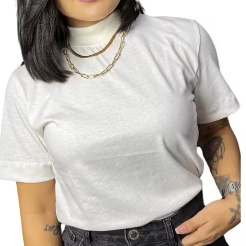 Blusa T-Shirt Camiseta Feminina Gola Alta 100% Algodão Gola Ribana Estilo Moda Blogueira em Oferta na Shopee
