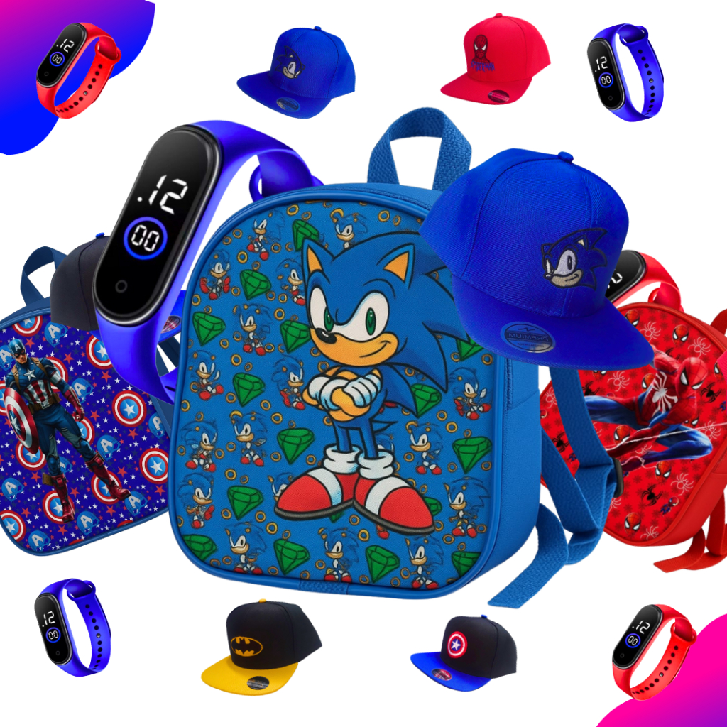 Kit Personagem Infantil Completo Relógio Digital Boné Mochila Menino