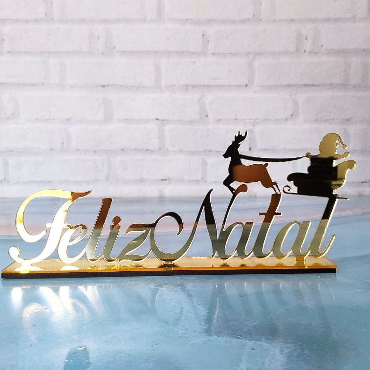Enfeite de Mesa Feliz Natal e Trenó Papai Noel Acrilico Espelhado Decoração de Natal
