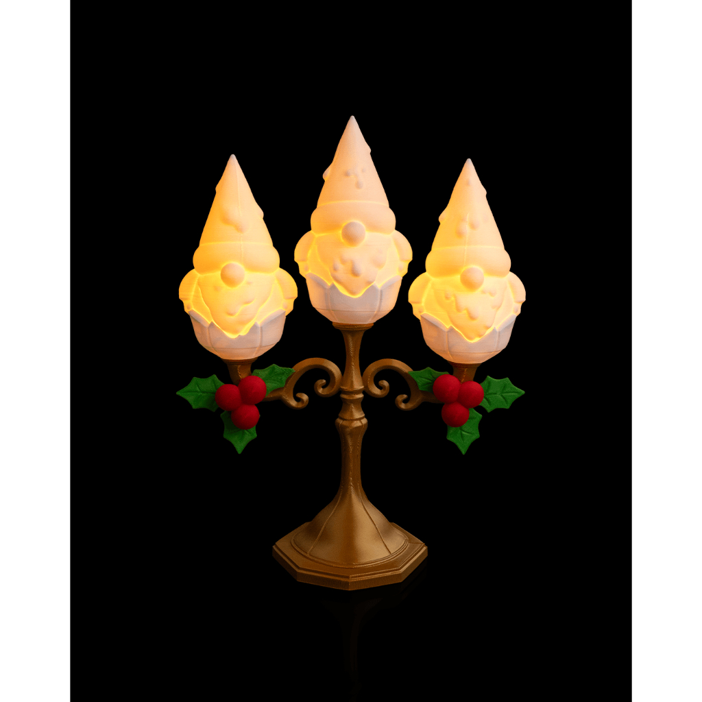 Luminária Gnomedelabra – Abajur Natalino 3D com Três Gnomos – Impressão 3D – STLFlix