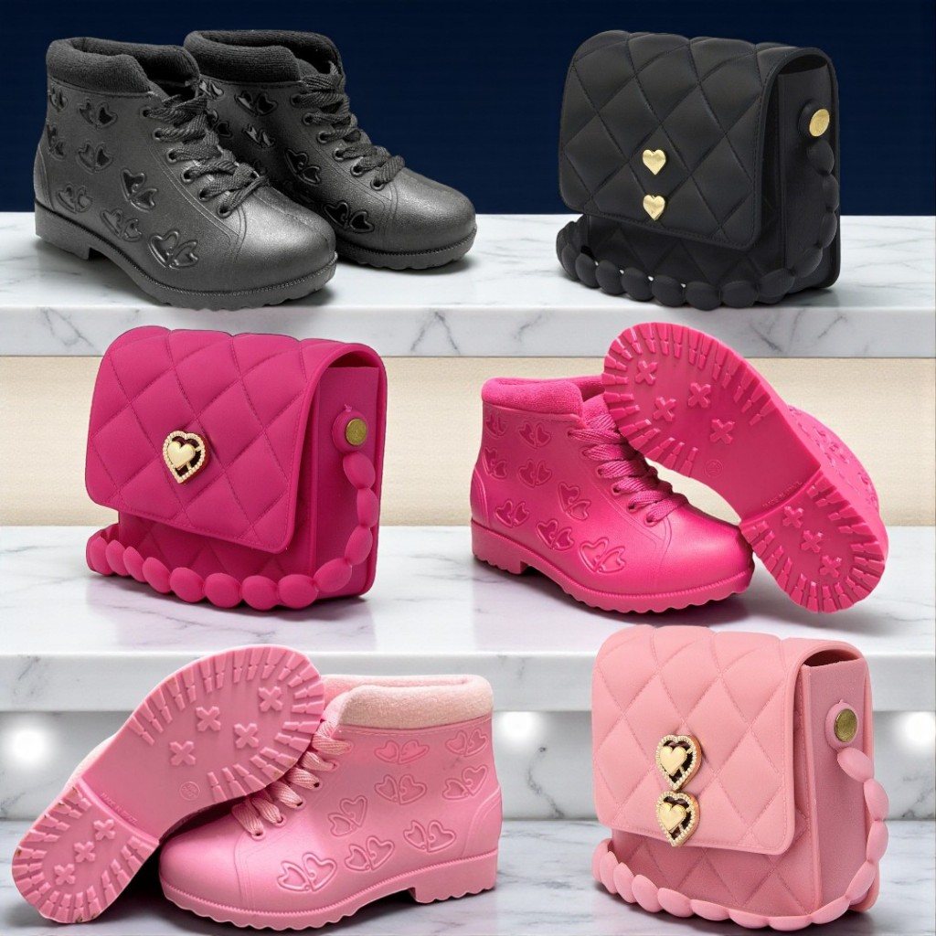 Conjunto Infantil Feminino – Bota + Bolsinha Coração Confortável e Impermeável