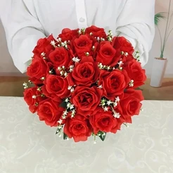 Buquê de Rosas com Folhagem 18 Botões Noivas Casamento Festa Decoração Arranjo de Mesa - GQ802911