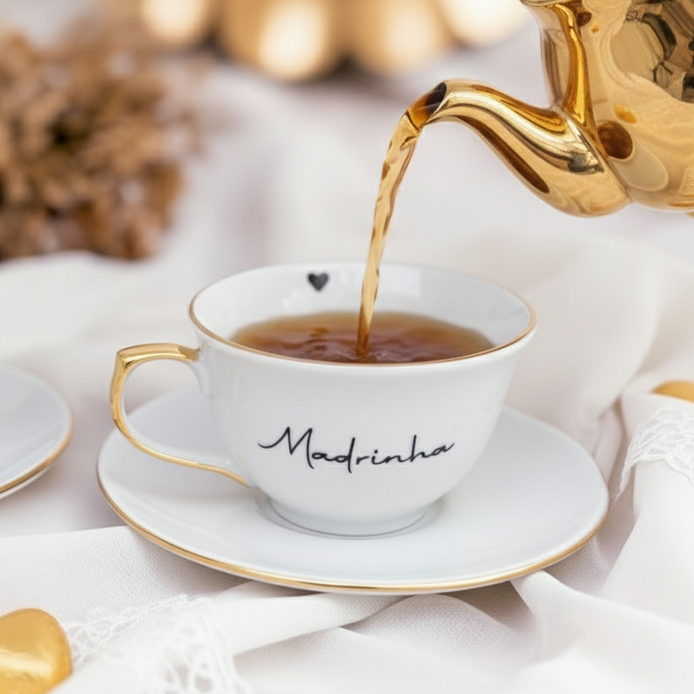 Xícara Porcelana Personalizada Madrinha Ouro + Pires - Presente Luxo Casamento e Chá de Cozinha