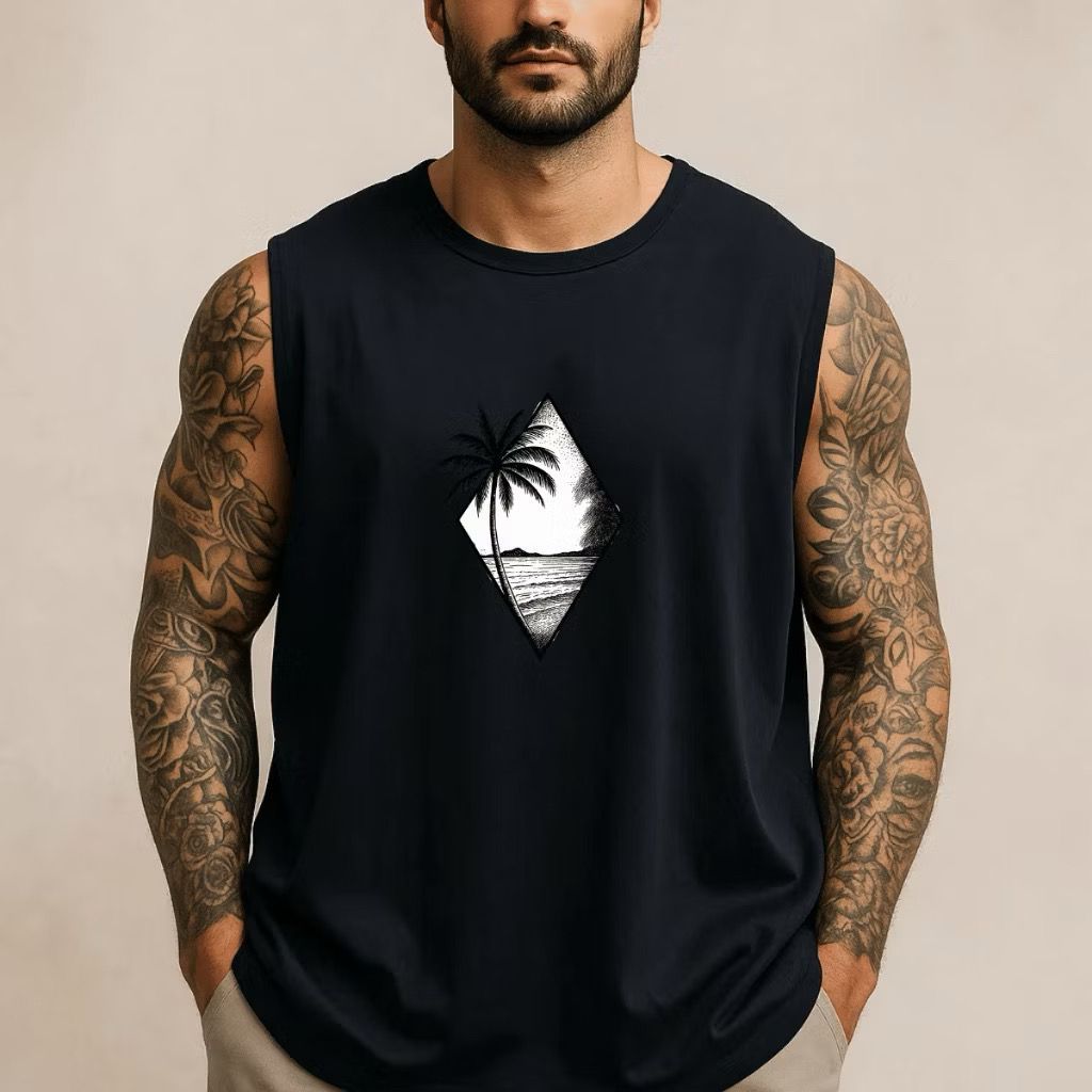 Regata Masculina Academia Algodão Cenario Coqueira Estampada Premium Treino Casual Streetwear Verão Envio Imediato