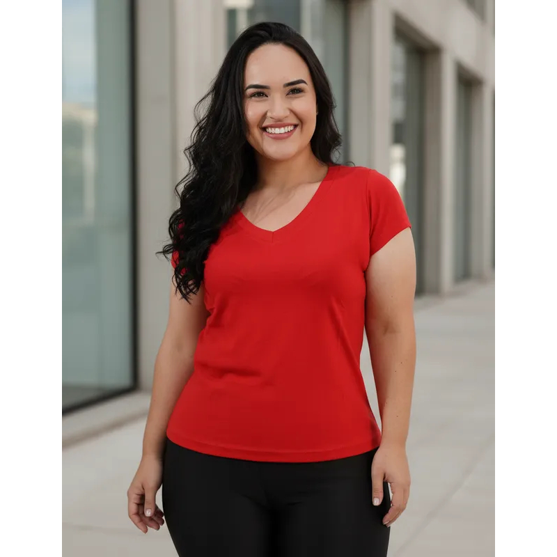 Bata feminina plus size Blusa T shirt feminina casual Lisa Decote V Camiseta Básica moda plus até G4
