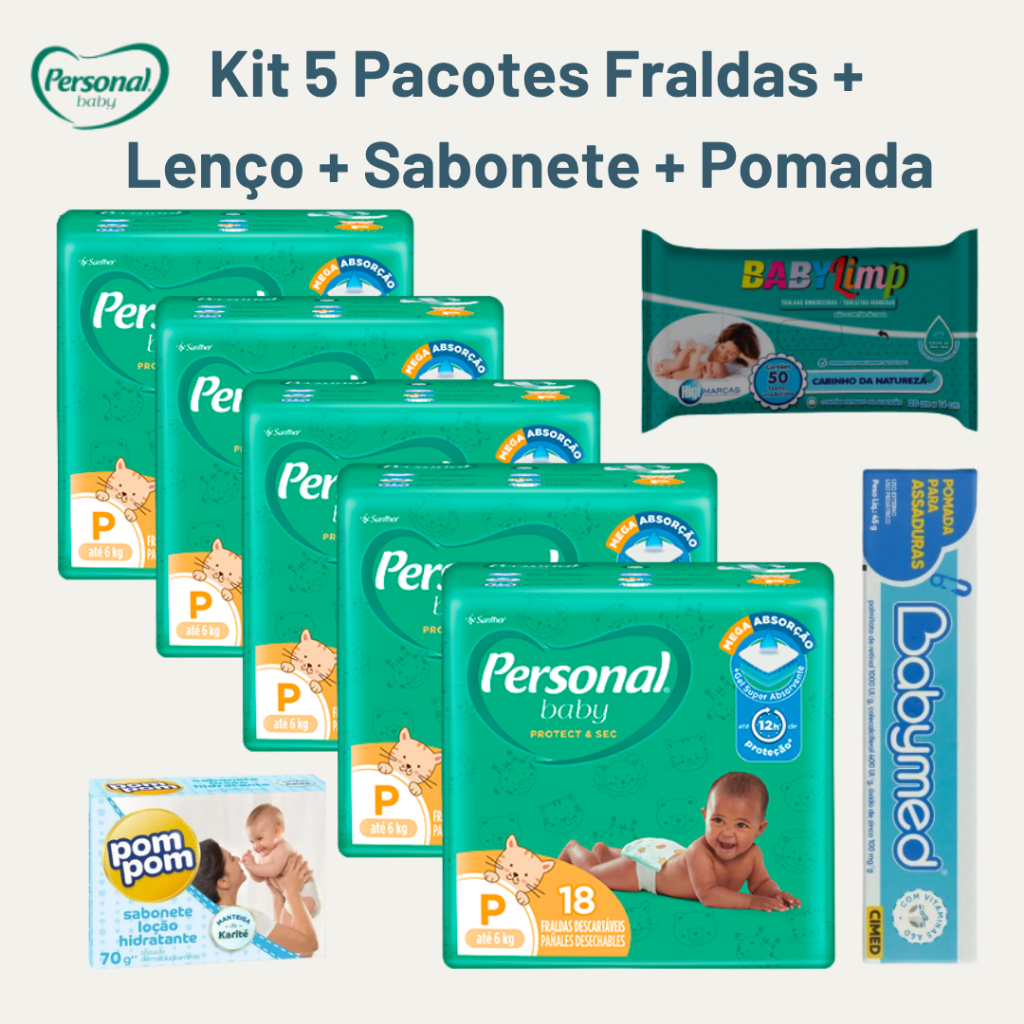 Kit Fraldas Personal 5 Pacotes + Lenço + Sabonete + Pomada