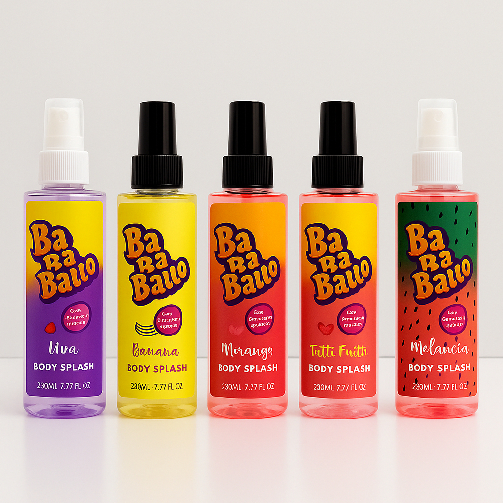 Kit 5 Body Splash Sabores Tuti Frut - Melancia - Banana - Uva - Morango