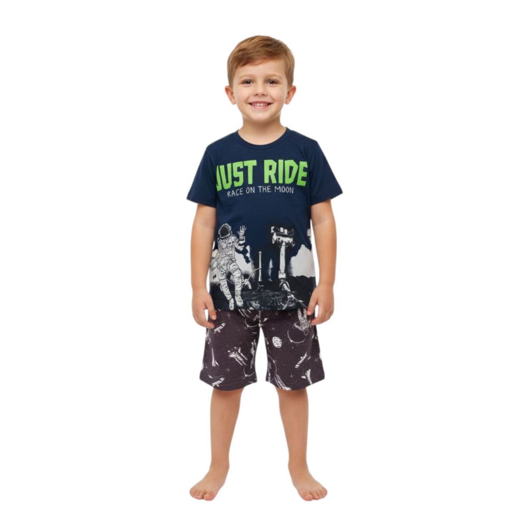 Conjunto Menino Astronauta - Camiseta em Algodão + Shorts Tectel - Disponível Tamanho 4 e 6