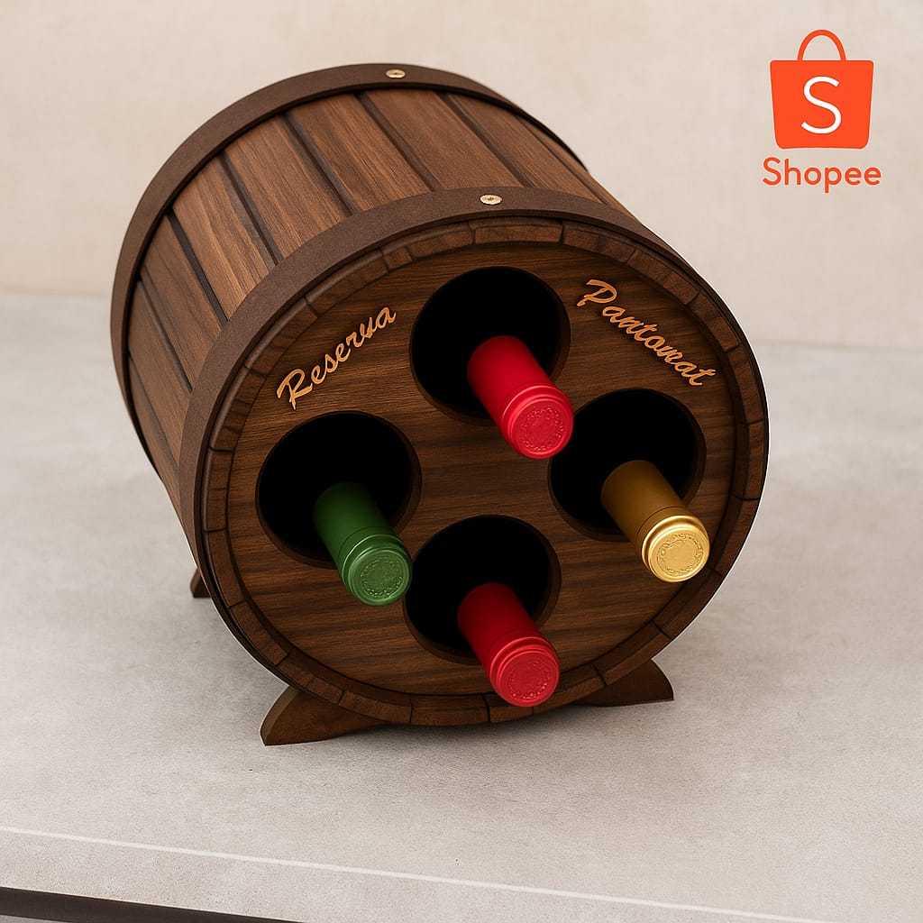 Adega Barril de Madeira Pinus – Porta Vinhos 4 Garrafas – Decoração Rústica Gourmet