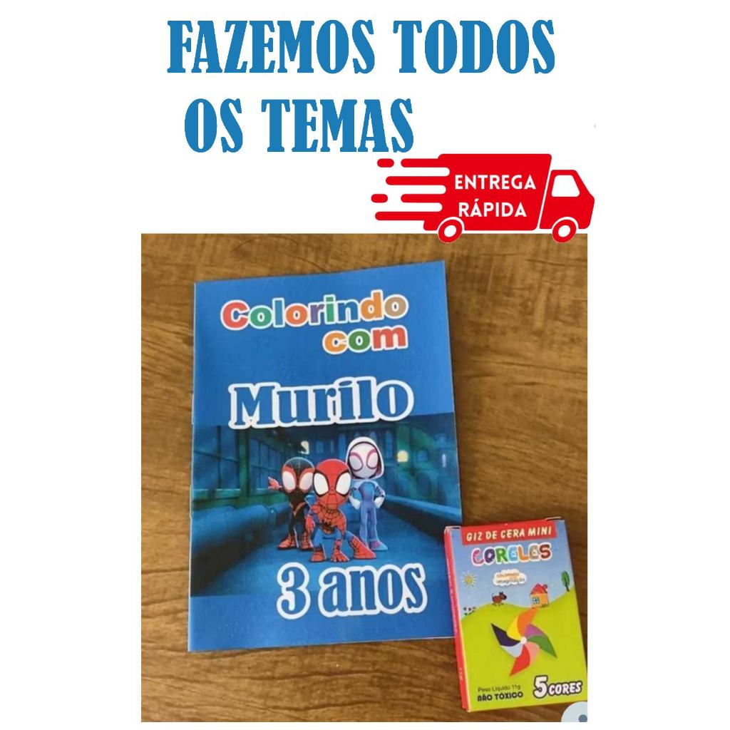 Kit 10 a 40 livrinhos de colorir 10x15 personalizados + mini giz – lembrancinhas festa infantil