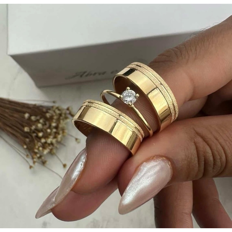 Par de Alianças Moedas Antigas 8MM 2 Frisos Jateados + Anel e Gravação em Oferta na Shopee