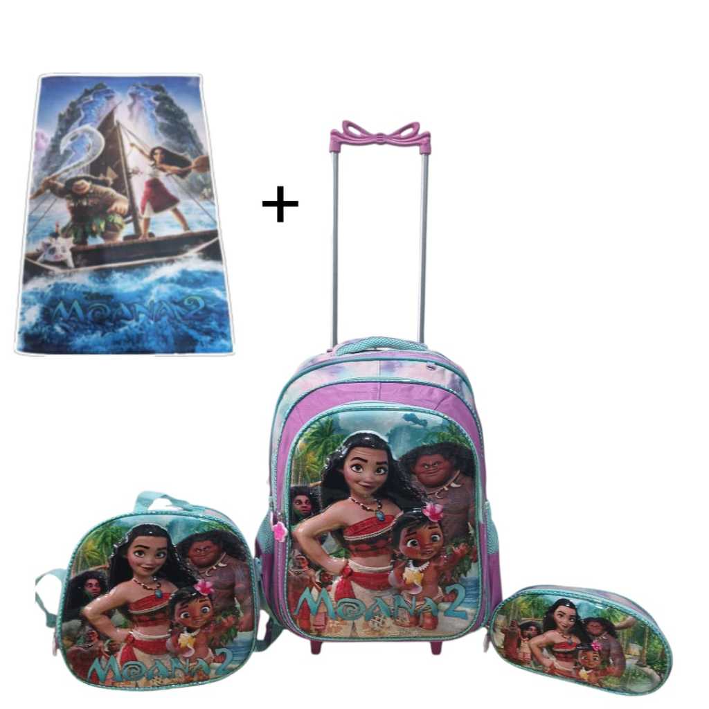Mochila Moana 3D com Rodinhas + Lancheira + Estojo + Toalhinha — Kit Completo