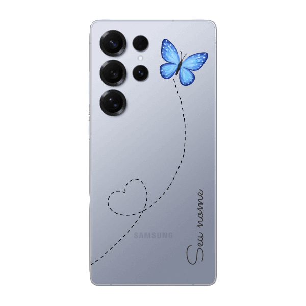 Capinha para Samsung S25 Ultra Anti Impacto Personalizada - Traços e borboleta com nome e fundo transparente