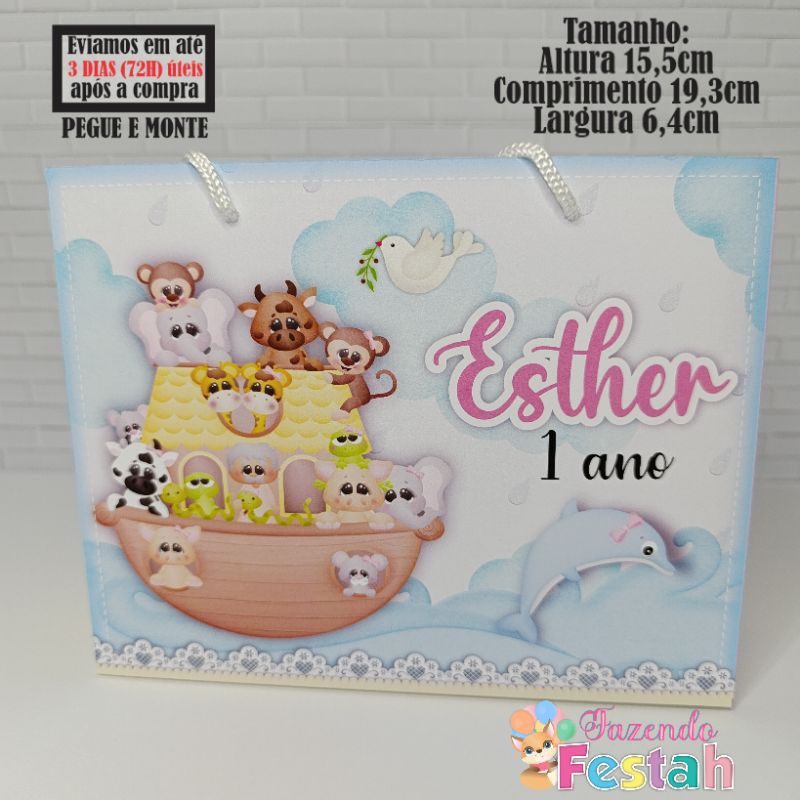 Sacolinha(M) ARCA DE NOÉ MENINA personalizada - lembrancinha de festa - aniversário - sacolinha surpresa