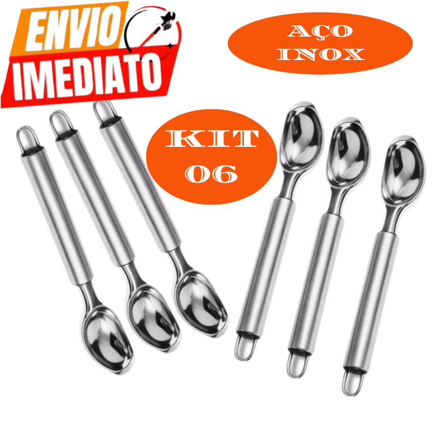 Kit 06 OU 03 UNIDADES Colher Pegador de Sorvete e Açaí - Concha em Aço Inox bolo