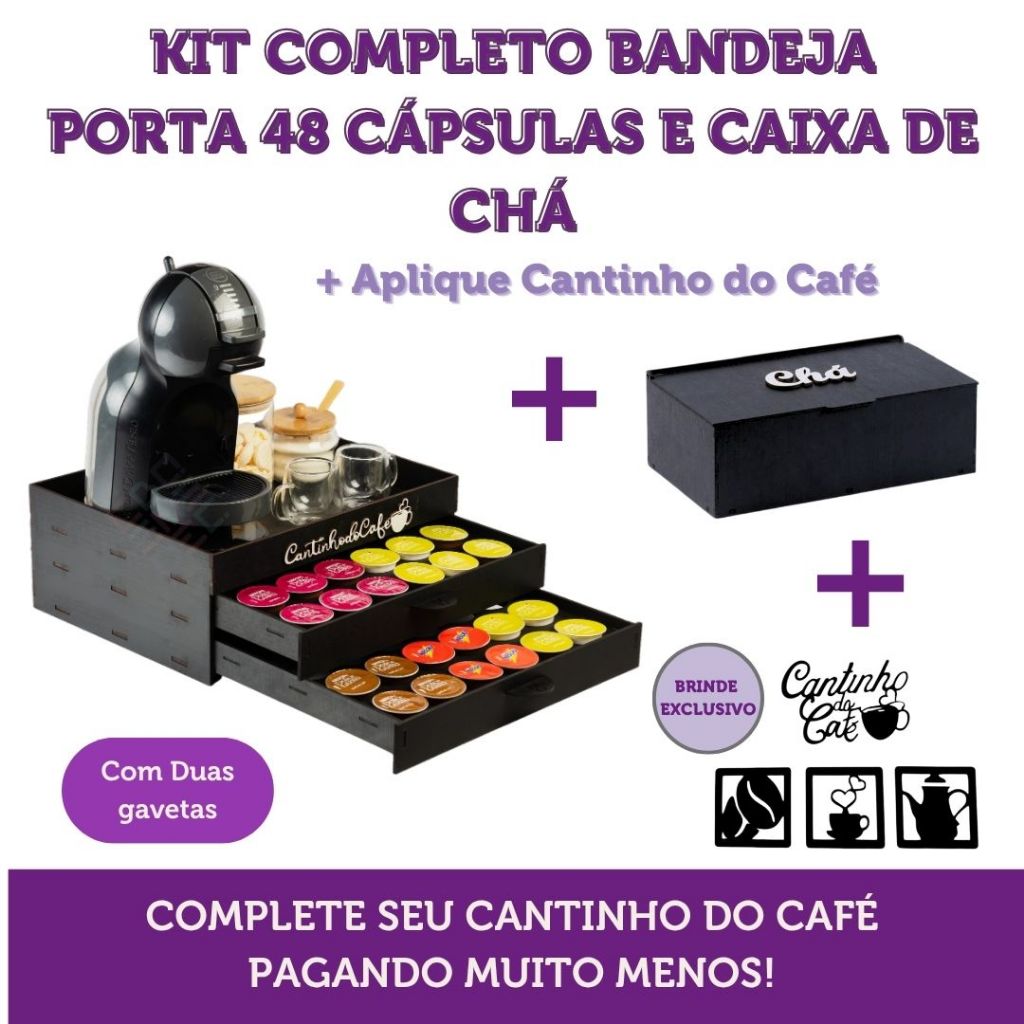 Kit Cantinho Do Café Em MDF Com Bandeja Porta 48 Cápsulas E Caixa De Chá Luxo Design Completo