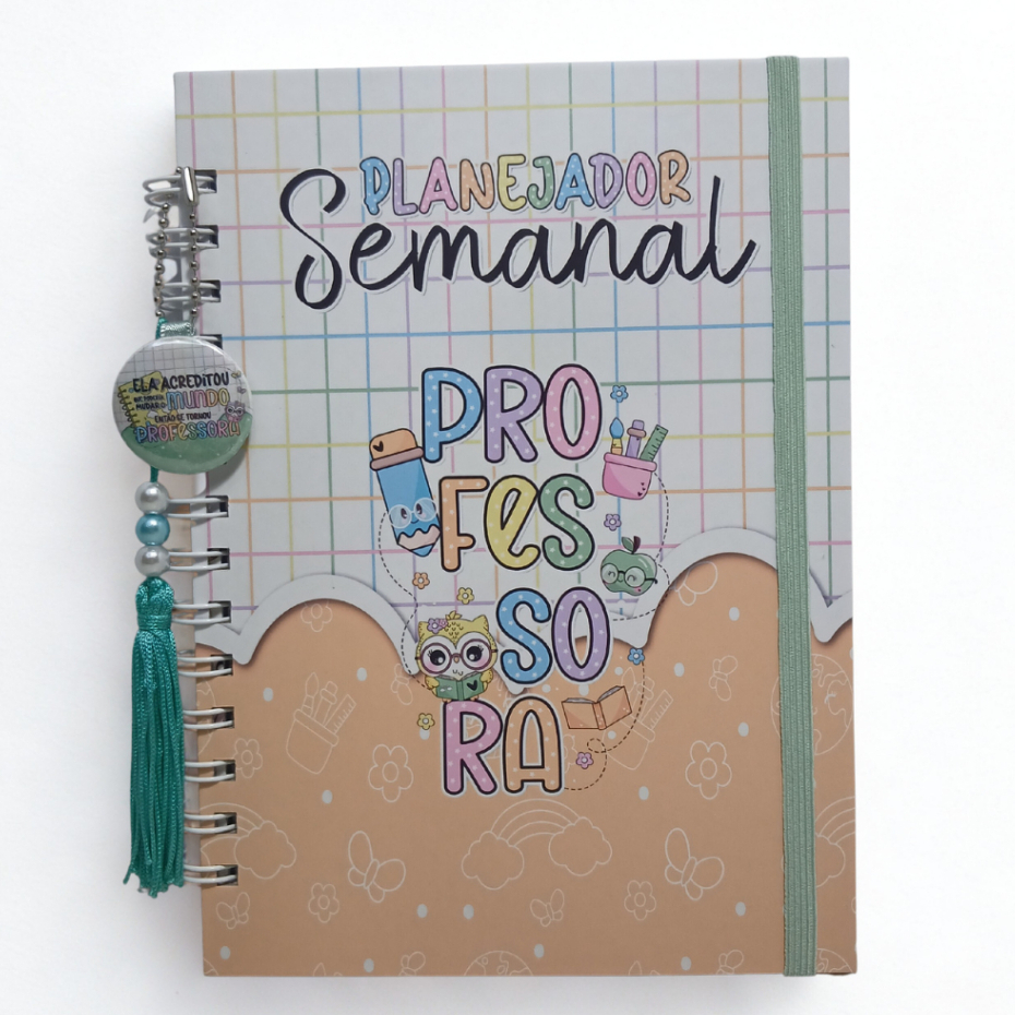 Planejador Semanal Professora | Capa Dura, Elástico, Wire-o | mini marcar páginas, pingente chaveiro | 128 páginas