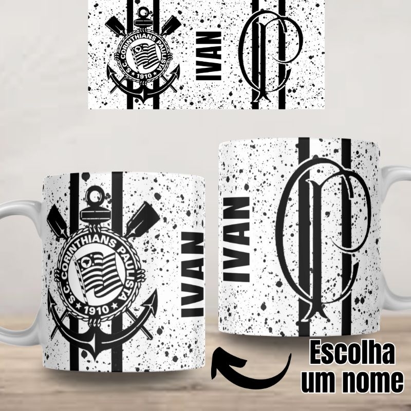 Caneca Personalizada Corinthians com seu nome Preto e Branco Xícara Presente Lembrança Promoção Dia Dos Pais