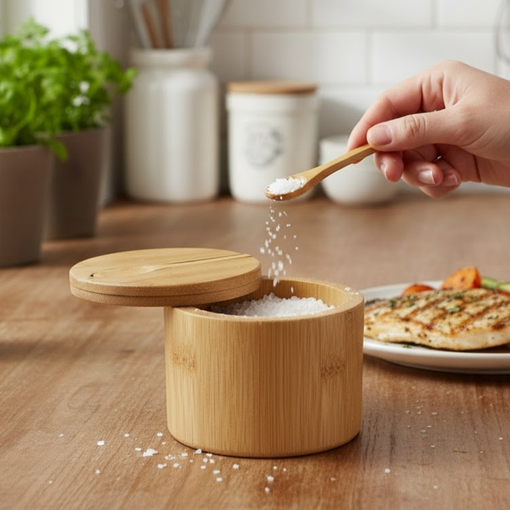 Saleiro de Bambu Tampa Giratória Sal Açucar Granola Café Cereais Tempero Porta Condimentos Cozinha em Oferta na Shopee