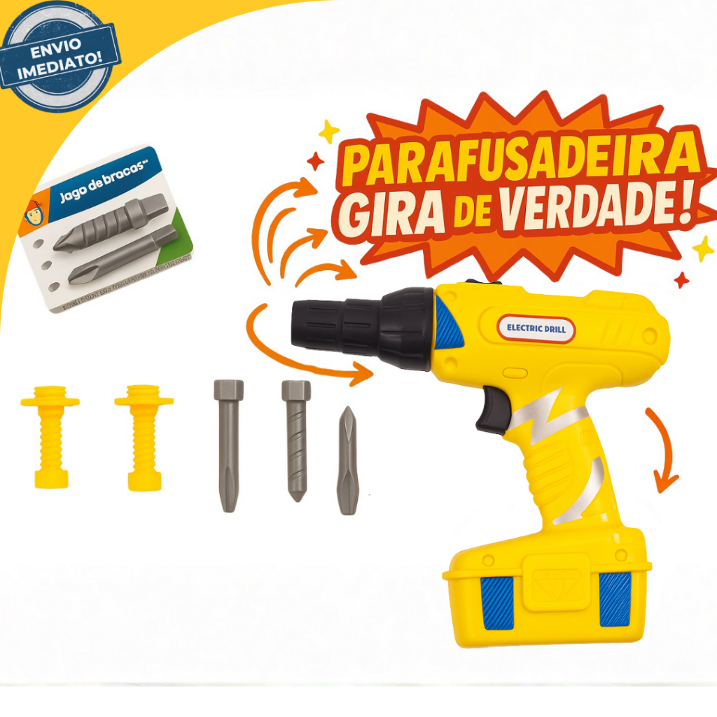 Parafusadeira Elétrica Infantil Kit Com Brocas e Parafusos Gira De Verdade