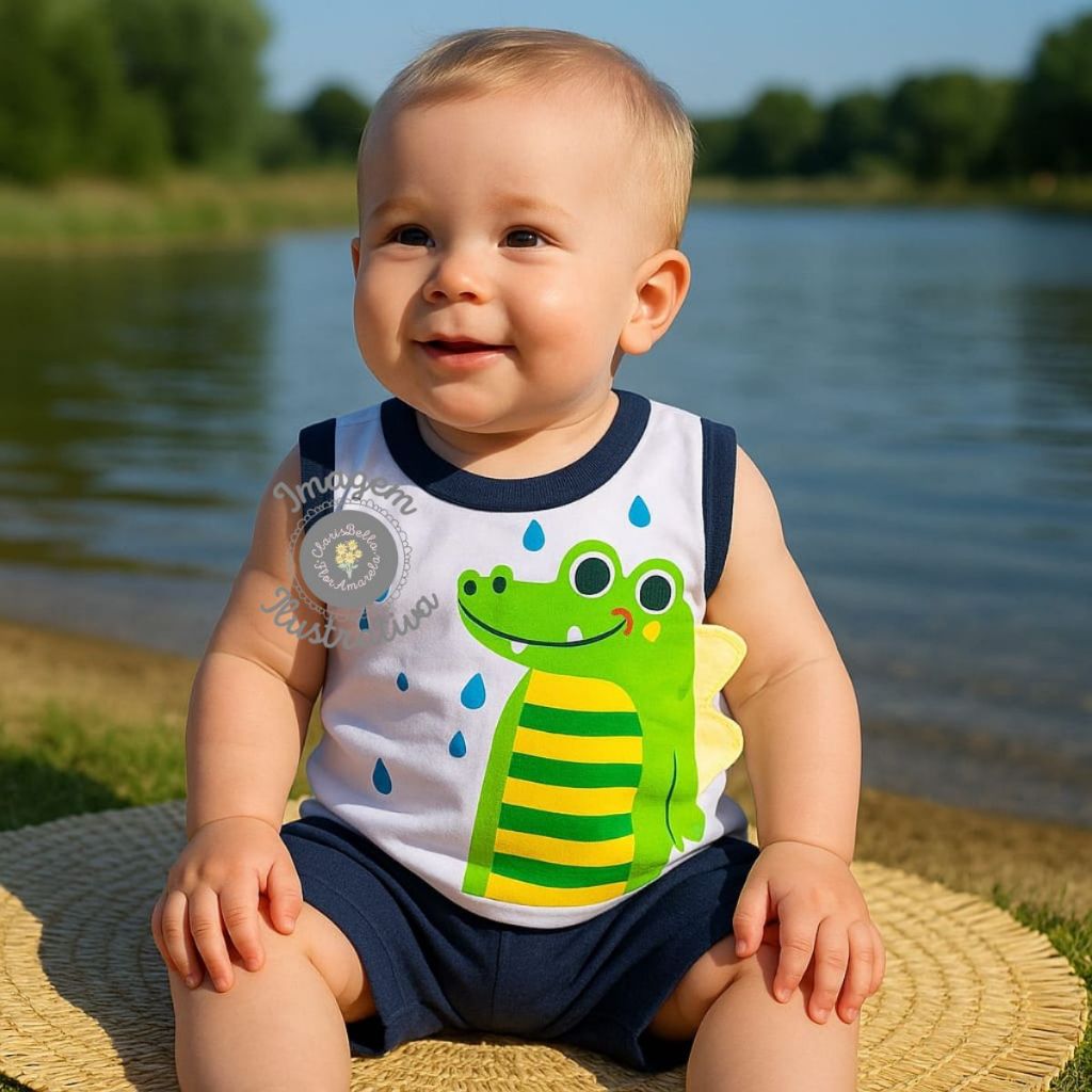 Conjunto Camiseta Regata Shorts Bebê Menino Temático Animal Jacaré Algodão Azul Marinho 3 a 6 meses