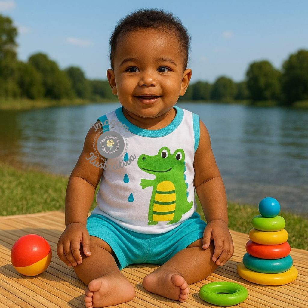 Conjunto Camiseta Regata Shorts Bebê Menino Passeio Temático Animal Jacaré Algodão Azul 3 a 6 meses