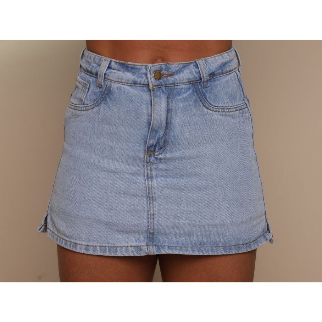 Short Saia Jeans Feminino Cintura Alta Lavagem Clara Com Fenda Lateral  - Sem Elastano em Oferta na Shopee