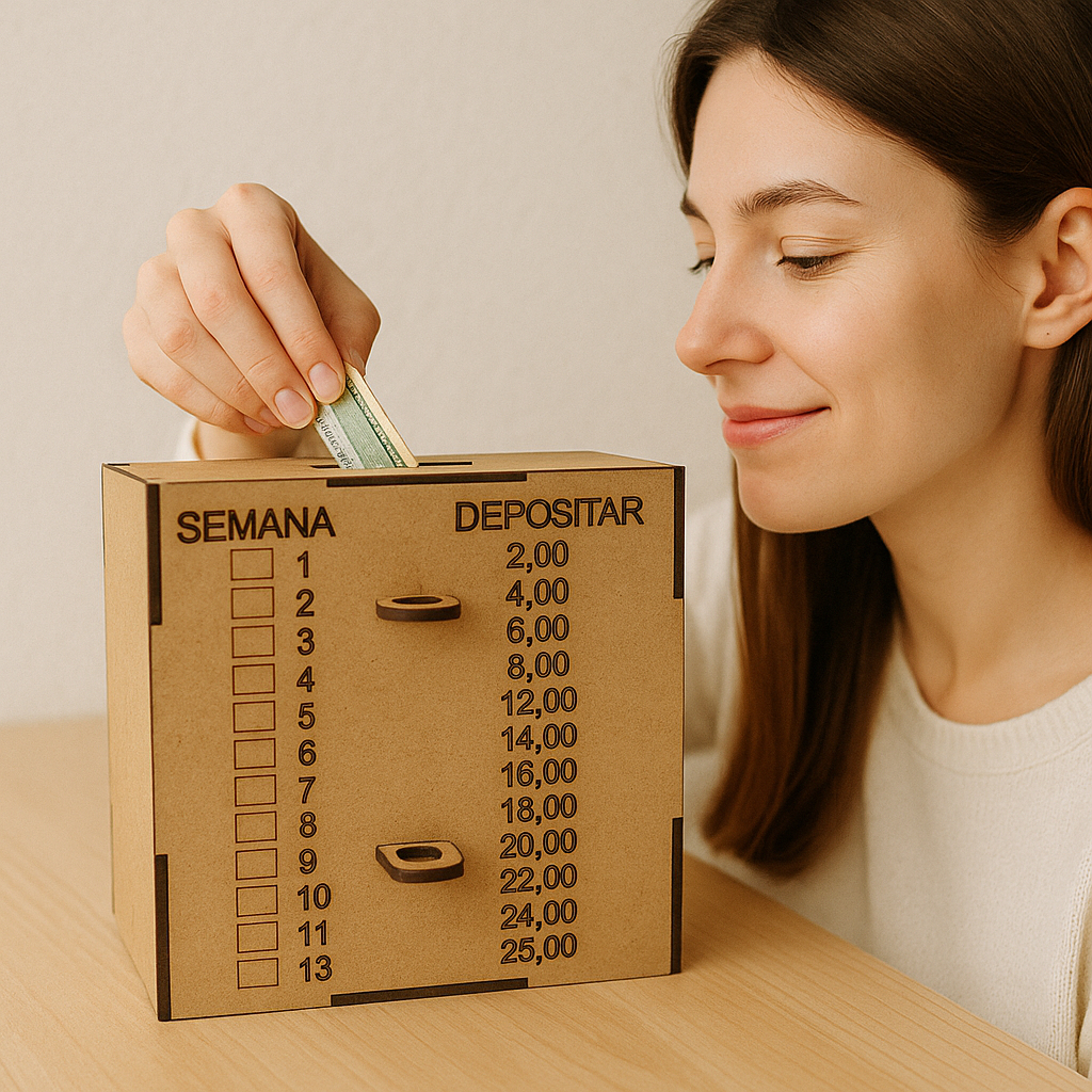 Caixa Cofre Desafio 52 Semanas 2 reais Compromisso Woodbox Cofrinho Caixa de Dinheiro Poupança