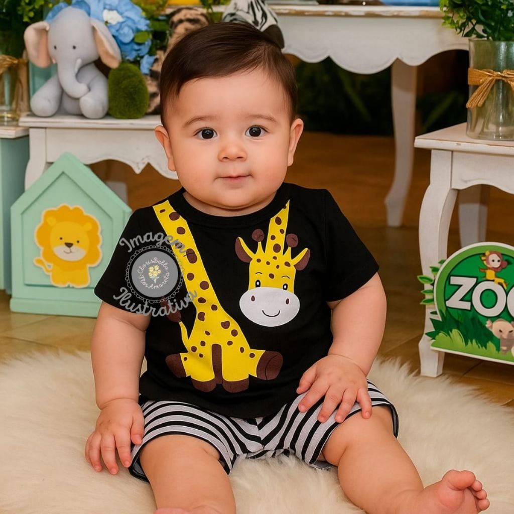 Conjunto Camiseta Shorts Bebê Menino Mesversário Zoológico Temático Girafa Algodão Preta 3 a 6 meses