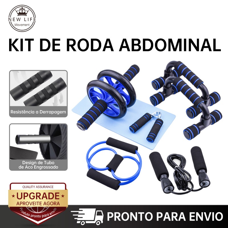 Kit Fitness 6 em 1 Roda Abdominal Flexão Corda Elástico Hand Grip Tapete Treino em Casa