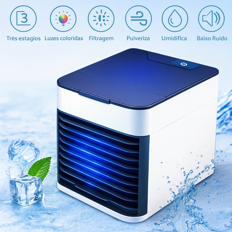 Climatizador Umidificador Ventilador Resfriador Com Reservatório Água Gelo Portátil 3 Velocidades