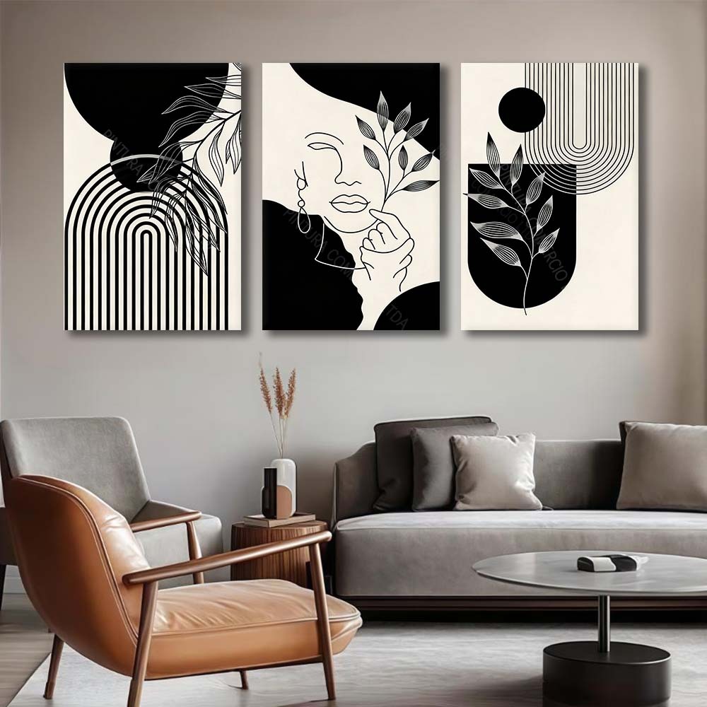 ​​Kit 3 Quadros Decorativos Geometrico Abstrato Linhas Femininas Preto E Branco Decoracao Para Sala E Quarto​