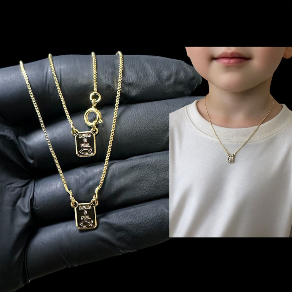 Escapulário Infantil Ouro 18k Com Nome Deus É Fiel, Cordão Infantil, Escapulário proteção infantil..