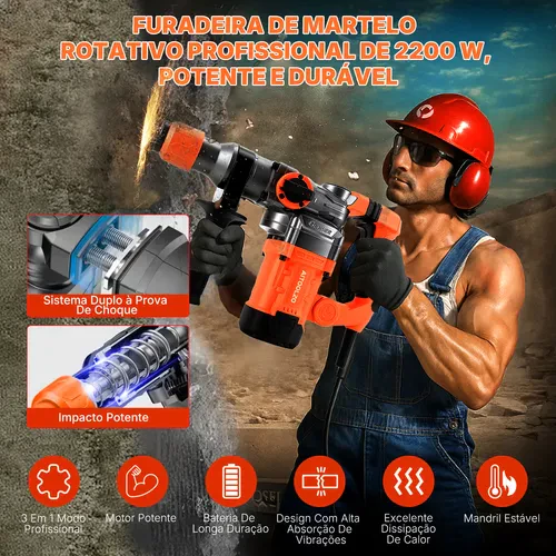 Martelete Rompedor Perfurador de Concreto 2200W Aitoolzo Laranja — foto 2