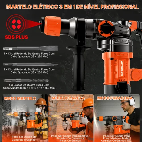 Martelete Rompedor Perfurador de Concreto 2200W Aitoolzo Laranja — foto 3