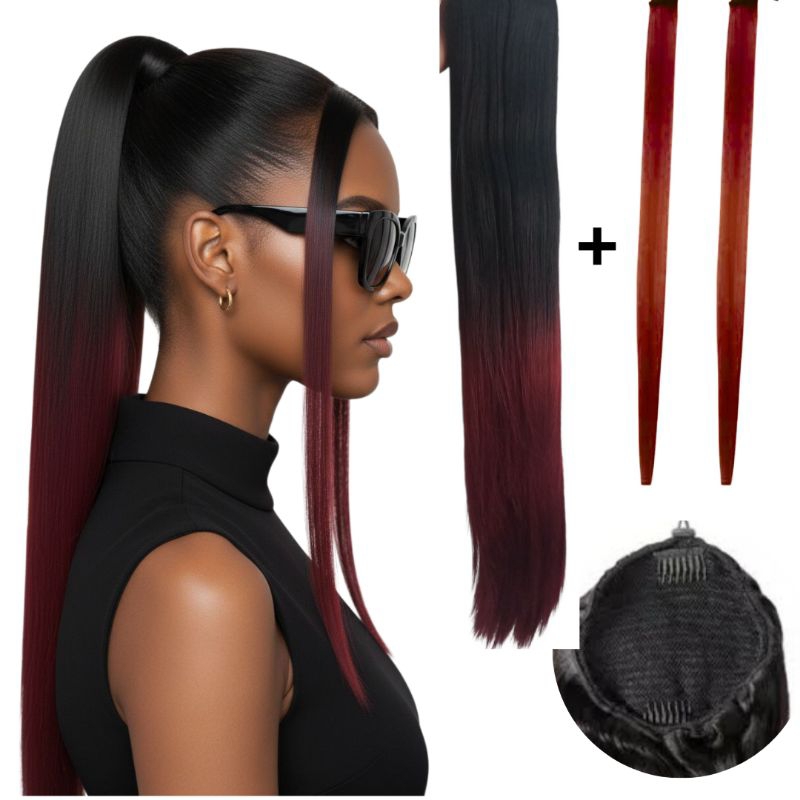 Kit Aplique Cabelo Penteado Coque Longo Sintético Estilo Mechas Ombre Hair Marsala