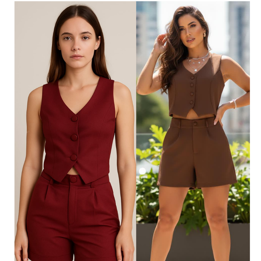 Conjunto Alfaiataria Feminino Short e Colete Social Elegante Verão 2026  | Envio Imediato