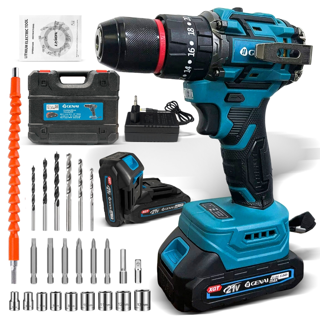 Brushless 3/8" Parafusadeira Furadeira Impacto com acessórios 21V 02 Baterias + Maleta