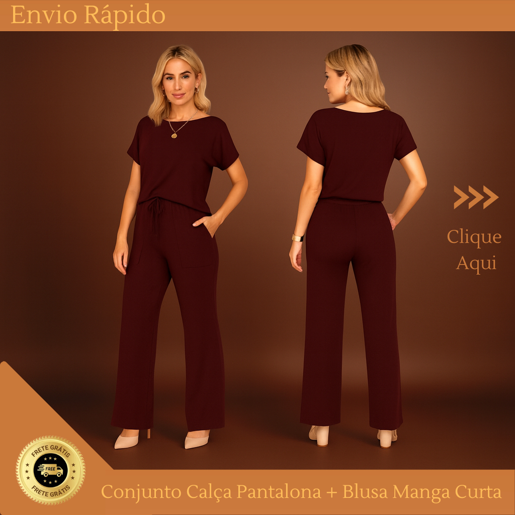 Roupa Feminina Marsala Social com Calça Pantalona e Blusa Manga Curta Moda Elegante