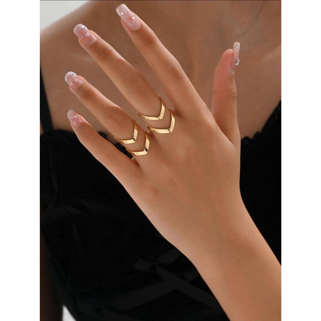 Conjunto de Anéis Ajustáveis Feminino, 2 Peças em Dourado com Design Geométrico - Conjunto Combinando