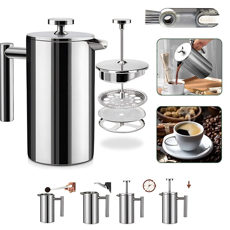 Cafeteira Prensa Francesa 800ml/1000ml Aço Inox, 3 Telas Prateada, Barista Completa c/ Acessórios