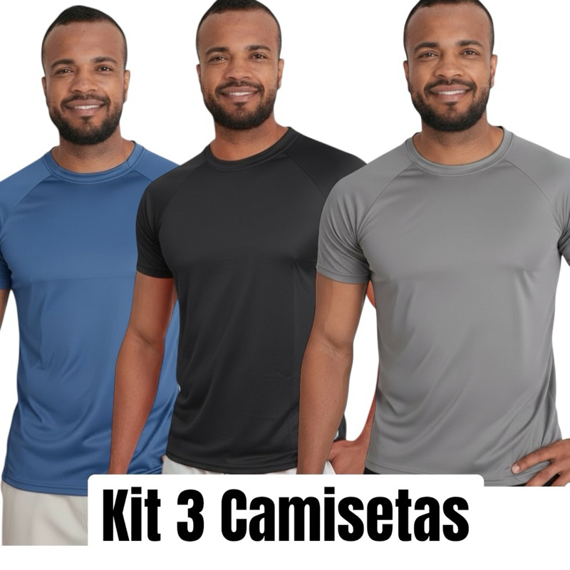 Kit 3 Camisetas Academia Masculina Camisa Dry Fit Premium Slim Básica | Anti Suor, Odor Proteção UV