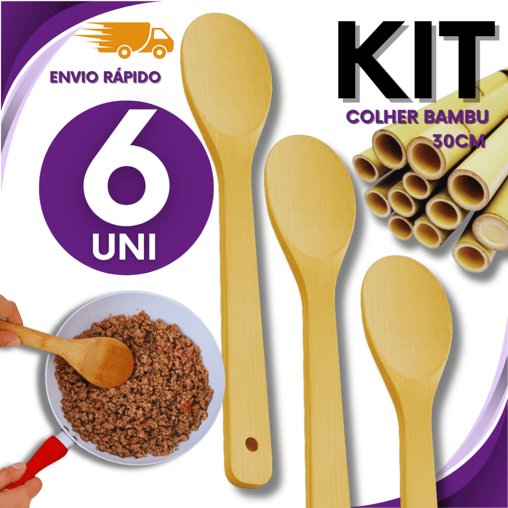 KIT 6 Unidades Colher De Bambu 30cm Madeira Bamboo Pau Cozinha Multiuso Premium Utilidades Não risca Panela