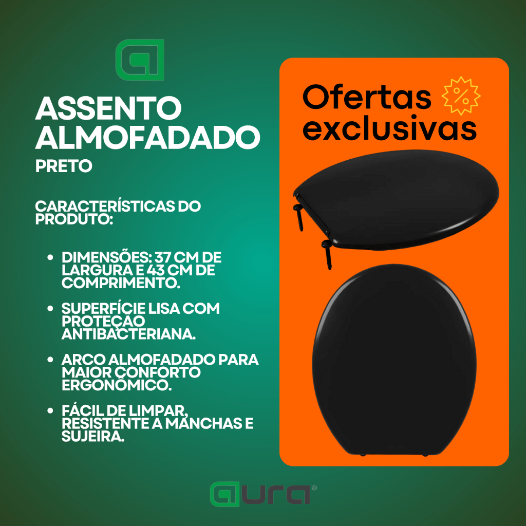 Detalhes do Tampa Almofadado Assento Privada Oval Universal Slim Cor Preto