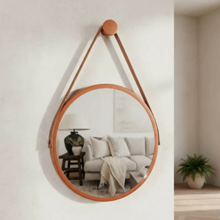 Espelho Redondo Adnet Decorativo Suspenso 60cm com Suporte Cobre e Alça Caramelo em Oferta na Shopee