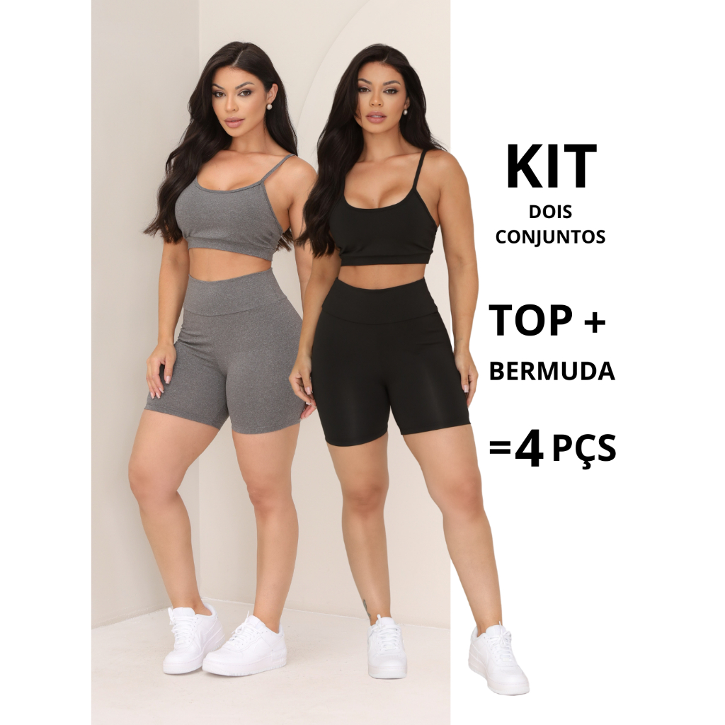 Kit 2 Conjuntos De Academia Feminino Short e Top Roupa Fitness Zero Transparência em Oferta na Shopee