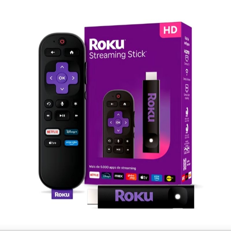 Roku streaming Stick TV Box Full HD controle por voz conversor transforma TV em smart