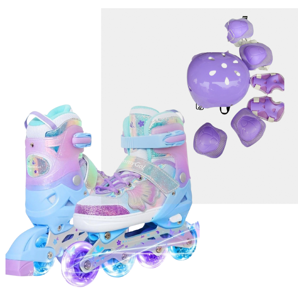 Patins infantil inline Roller rodinhas de led + kit proteção incluso borboletas em Oferta na Shopee