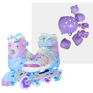 Patins infantil inline Roller rodinhas de led + kit proteção incluso borboletas em Oferta na Shopee